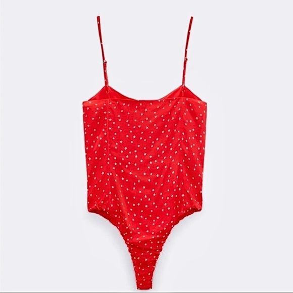 NWT Zara Red Satin Effect Bodysuit White Star Print Sz M Celebrate Patriotic - Picture 11 of 12
